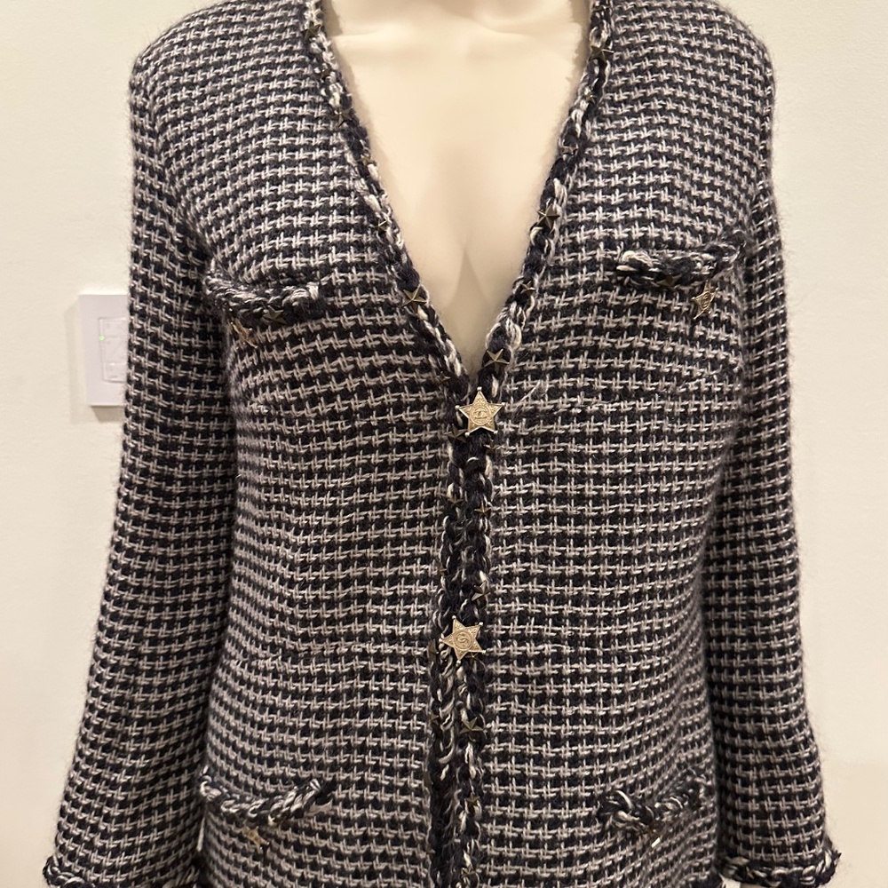 Chanel Jacket Tweed Coat Black 100% Mohair Size 40